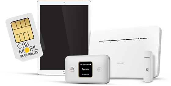 Ét SIM-kort til mobilt bredbånd. Ved siden af vises en iPad, router, mini-router, dongle og en computer der kan bruges med mobilt bredbånd 