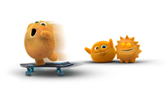 CBB bamse kører på skateboard i høj fart med to andre CBB bamser i baggrunden og mobilt bredbånd signal i midten
