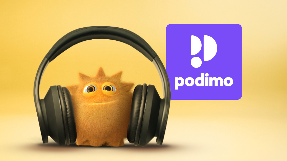 CBB bamse med høretelefoner ved siden af Podimo logo