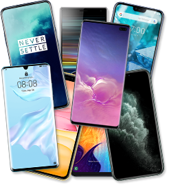 Gode mobiler til billige mobilabonnementer. Bunke med forskellige mobiltelefoner på tilbud